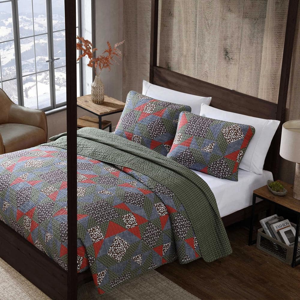 Twin Brown Cotton Reversible Patchwork Quilt Set