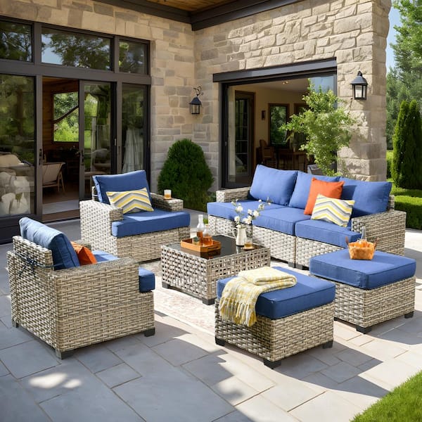 HOOOWOOO Kelley's 8-Piece Wicker Modern Outdoor Patio Conversation Sofa Seating Set with a LED Table and Sky-Blue Cushions
