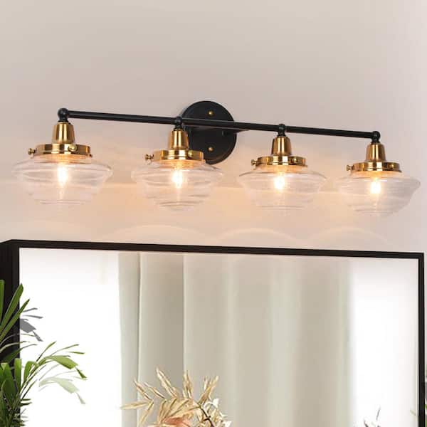Zevni 30.7 in. 4-Light Transitional Black Bathroom Vanity Light, Seeded Glass Bath Lighting for Mirrors, Modern Wall Sconce