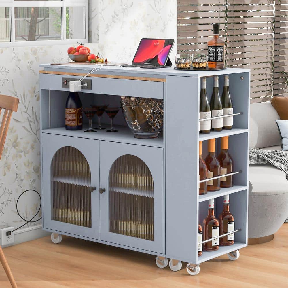 Gray Wood 33.22 in. Rolling Kitchen Island With Extended Table, LED Lights, Power Outlets and 2 Fluted Glass Doors price history on PriceWatchPro