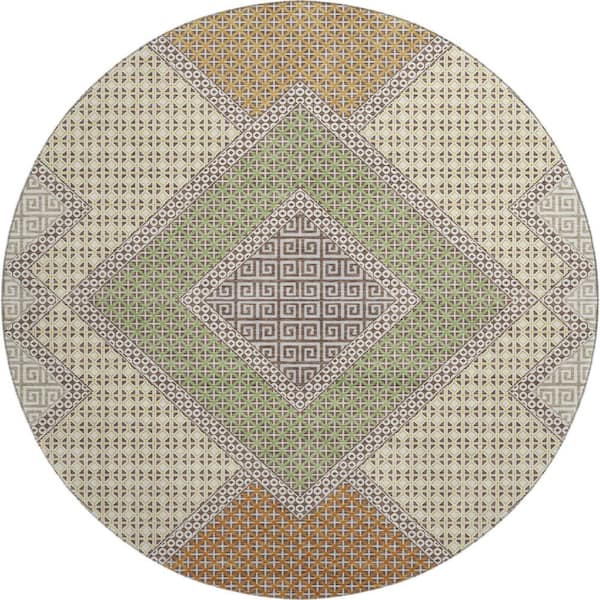 Mayfield Premium Machine Washable Abstract AMF2111 Brown 8 ft. x 8 ft. Round Rug