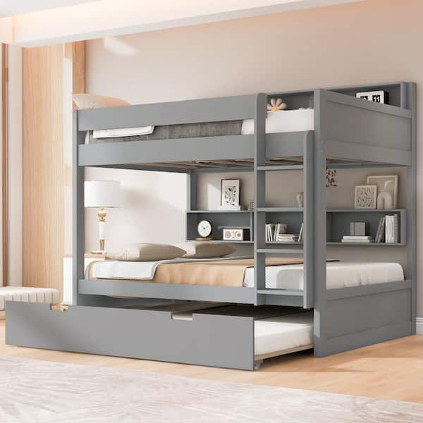 Gray Full Over Full Wood Bunk Bed with Shelves and Trundle