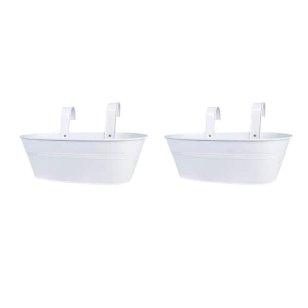 16 Inch White Metal Iron Hanging Railing Planters 2 Pack