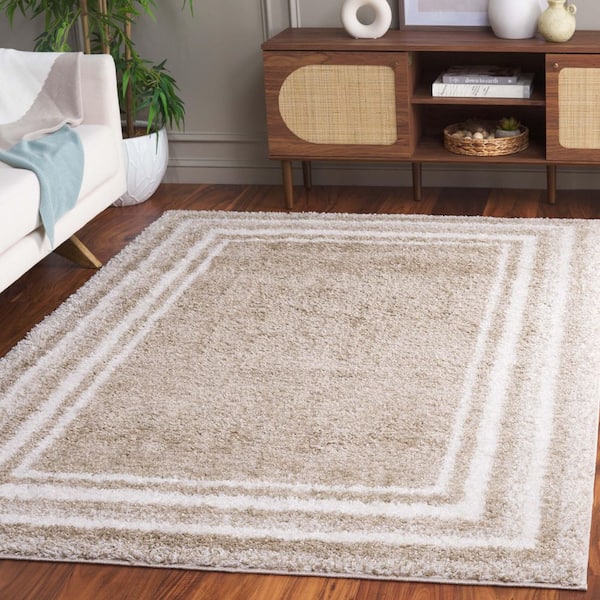Border and Stripe Shag 5 ft. x 8 ft. Beige/Ivory Concentric Border Area Rug