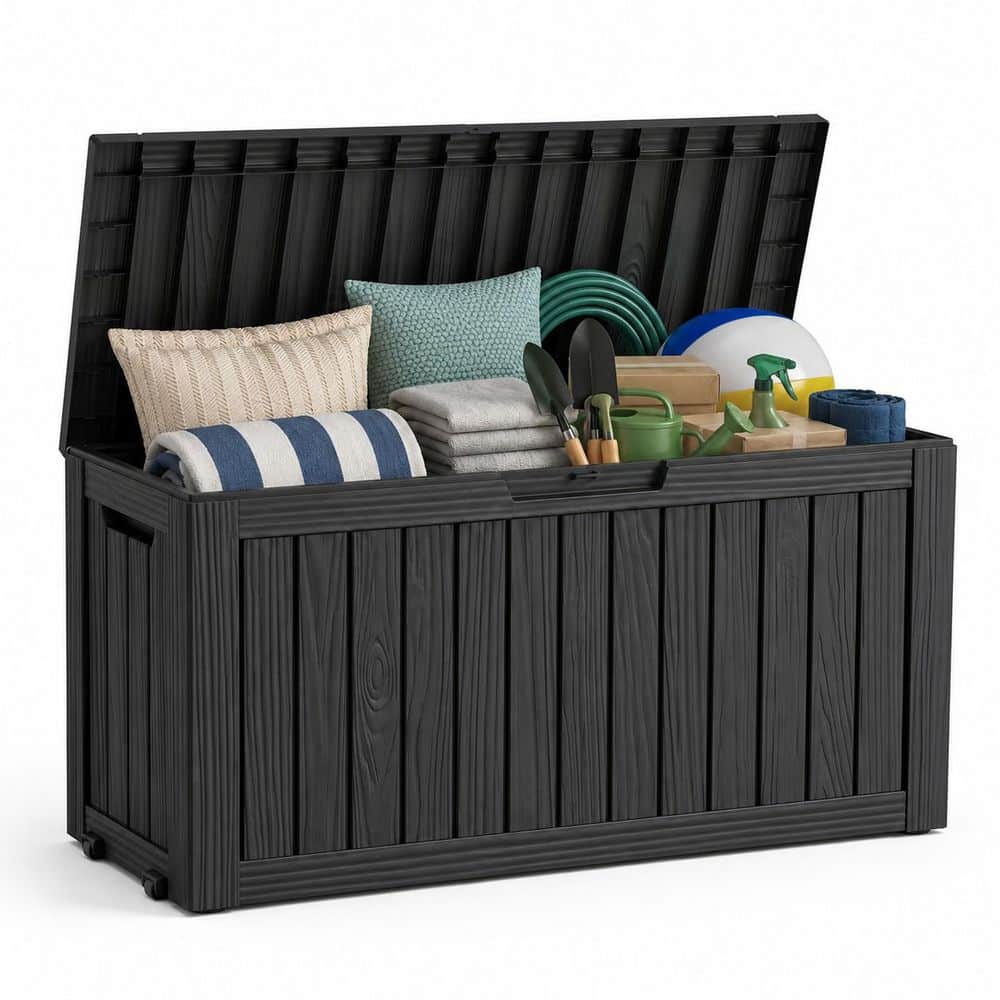90 Gal. Large Black Wood Grain Resin Deck Box Outdoor Storage Box with Gas Strut Lid Wheels Lockable Weather Resistant