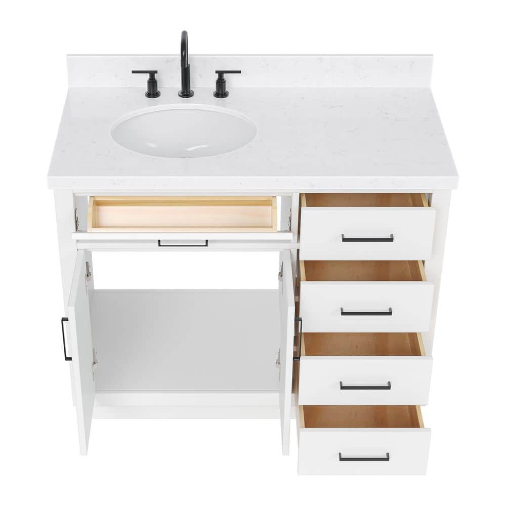 Sidmouth 42'' Solid Wood Single Bathroom Vanity with 1.5'' Carrara Quartz Top, Left Offset Oval Sink