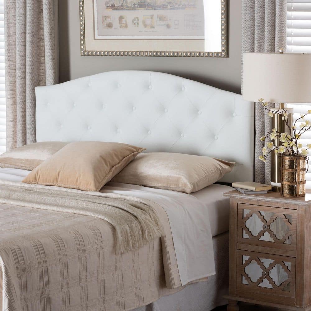 Elegant White Faux Leather Full Upholstered Tufted Scalloped Headboard