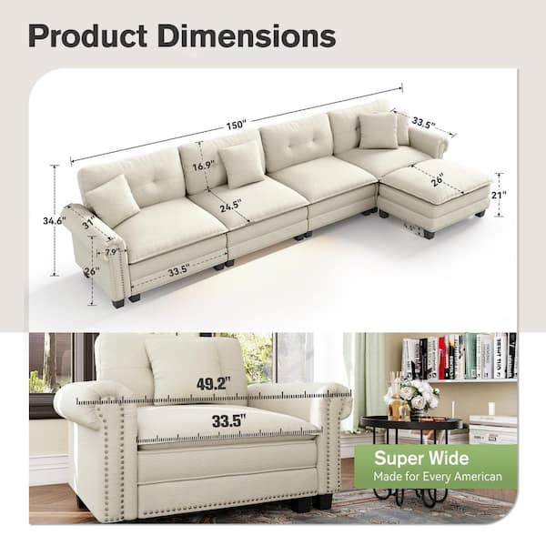 PHI VILLA 149.6 in. 5-Seat Linen-like Modular Sectional Sofa in Beige with Throw Pillows and Ottoman 603PNWH5-4-1