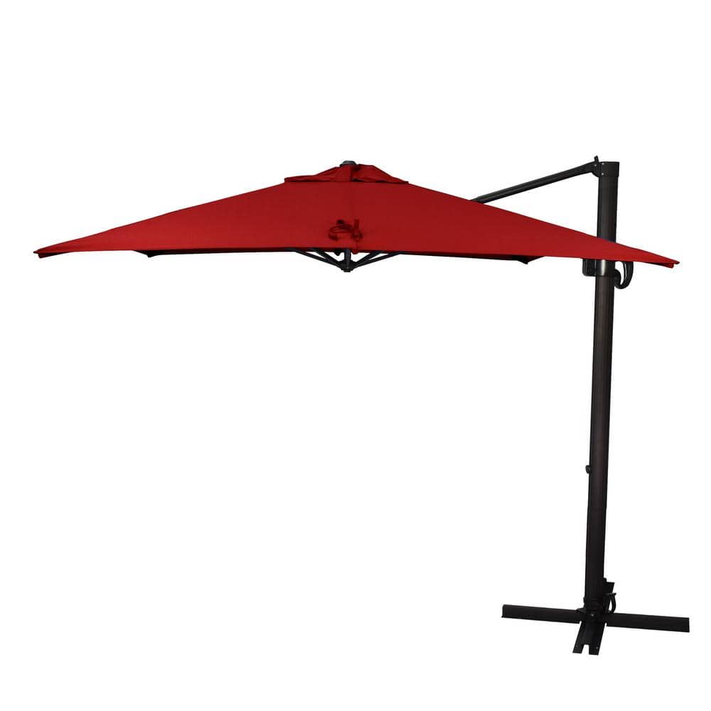 California Umbrella 8.5 ft. Bronze Aluminum Square Cantilever Patio Umbrella with Crank Open Tilt Protective Cover in Jockey Red Sunbrella -  848363037802