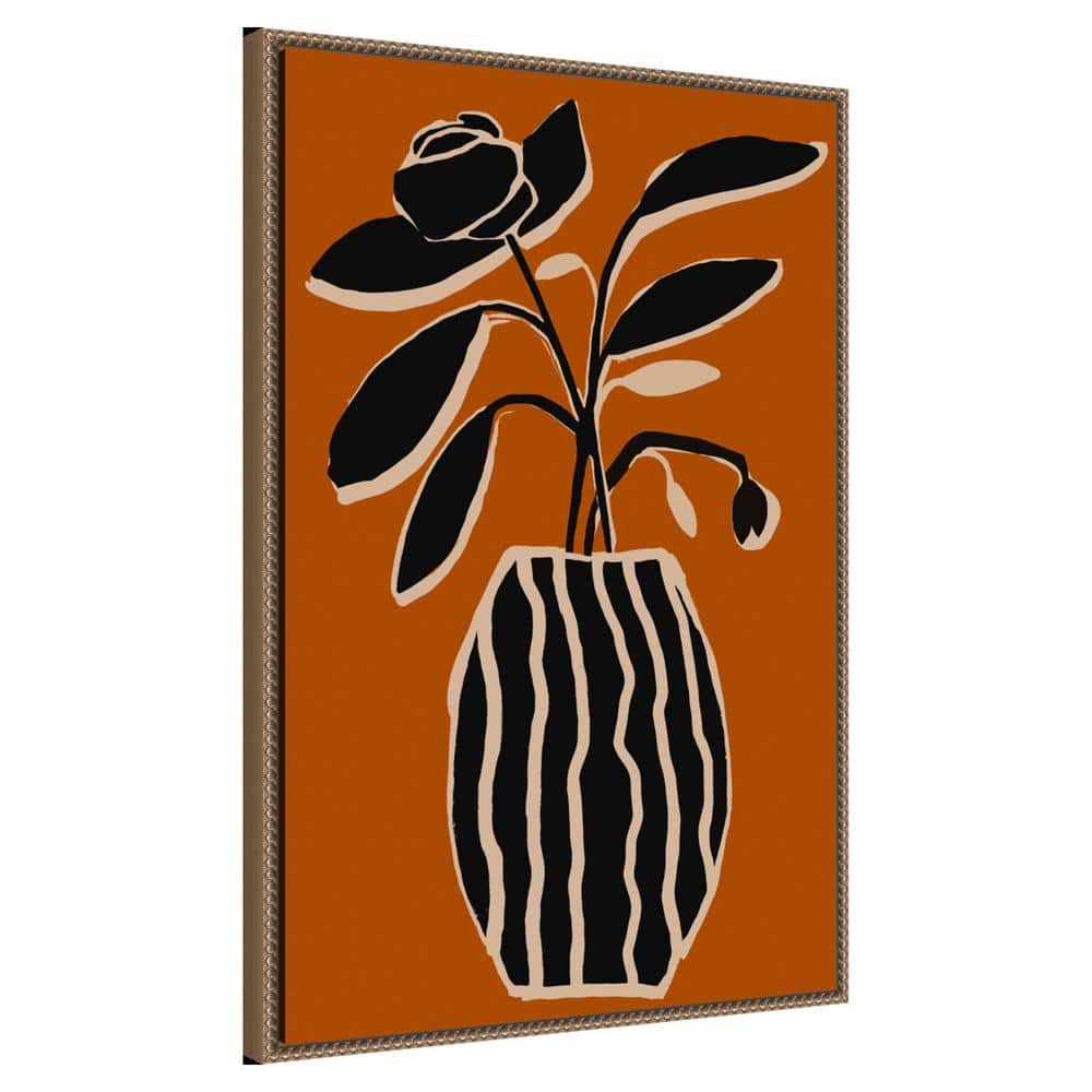 Ochre and Black Abstract Floral Canvas Print with Bronze Frame