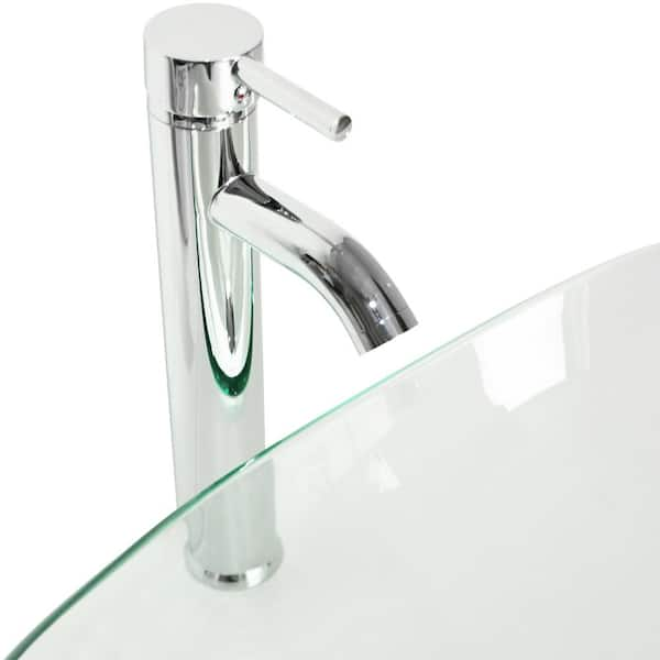 Flynama Solid Tempered Glass Oval Bathroom Vessel Sink in Clear with Chrome Faucet and Pop-Up Drain