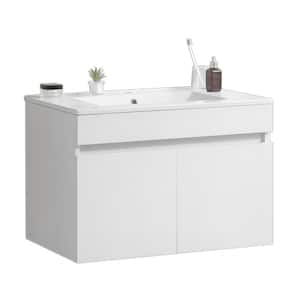 Yunus 30 in. W x 18 in. D x 19 in. H Single Sink Floating Bath Vanity in White with White Ceramic Top