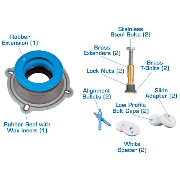 Toilet Installation Kit Rubber Double Thick Seal Blue with Zero Cut Toilet Bolts 