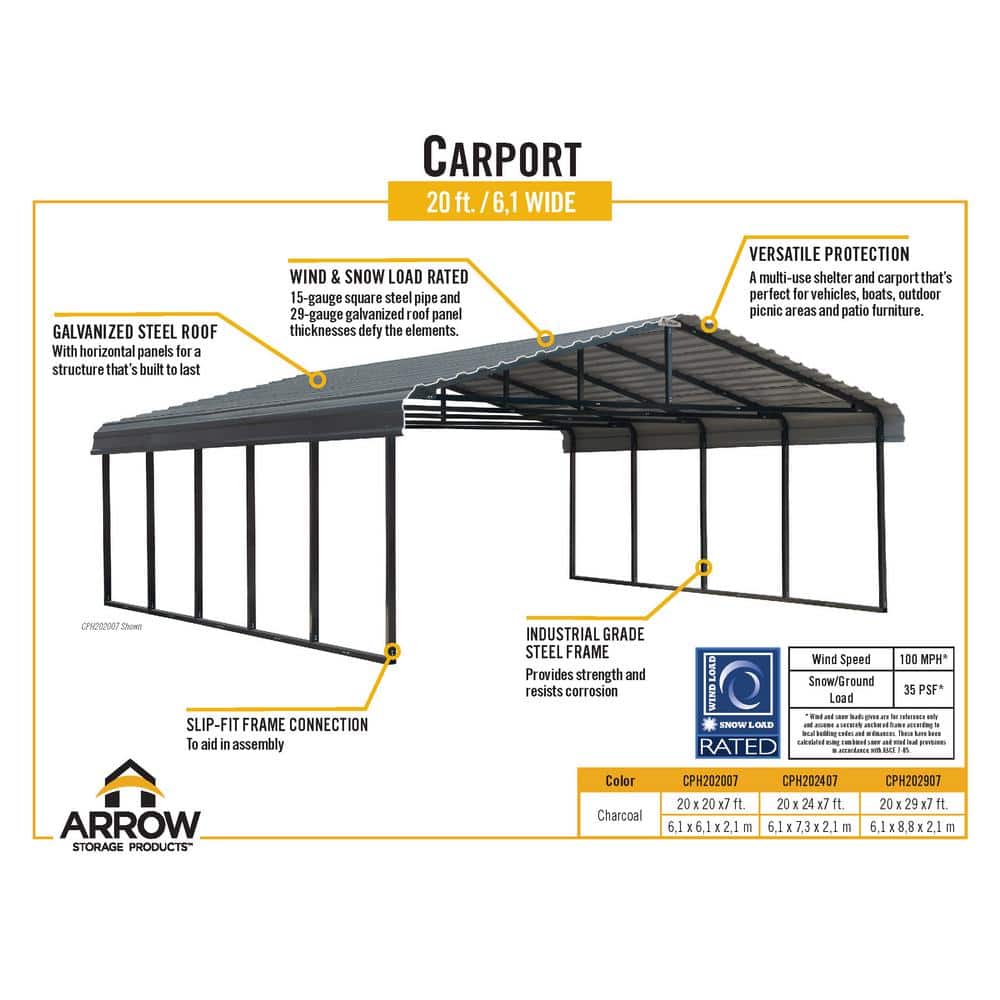 Charcoal Galvanized Steel Carport with Black Frame, 20 ft. x 24 ft.