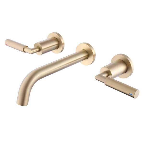 AIMADI Double Handle Wall Mounted Bathroom Faucet with Modern 3-Hole Brass Bathroom Sink Taps in Brushed Gold
