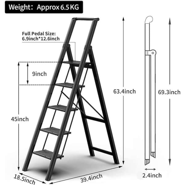 Unbranded - 5 Step Lightweight Aluminum Ladder Folding Step Stool Ladder, Space Saving (Black)