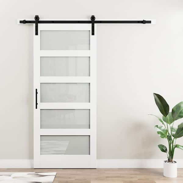36 in. x 96 in. 5-Lites with Frosted Glass White MDF Sliding Barn Door with Hardware Kit (Soft Close Include)