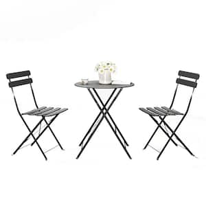 3-Piece Black Metal Round Table Outdoor Bistro Set with Beige Cushions