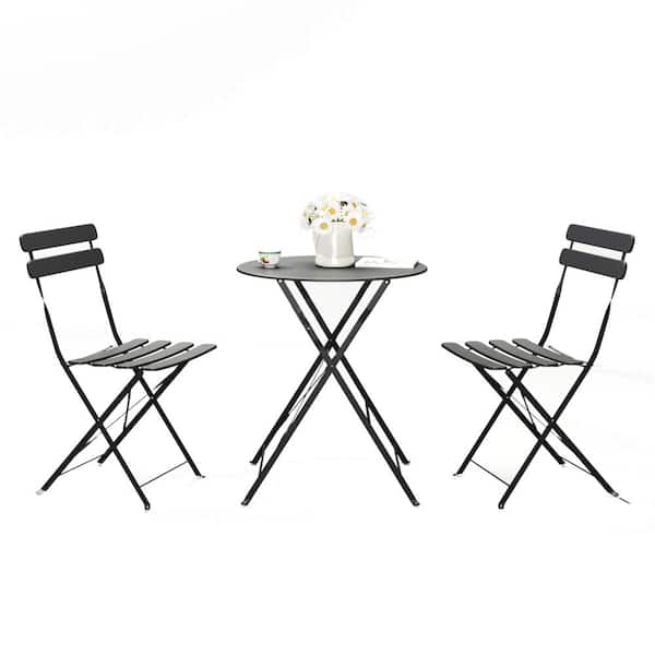 Tenleaf 3-Piece Black Metal Round Table Outdoor Bistro Set with Beige Cushions