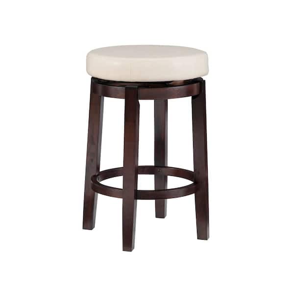 Linon Home Decor Maya Swivel 25.39 in. Beige/Brown Backless Wood Counter Stool with Faux Leather Seat