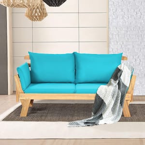 1-Piece Wood Outdoor Recliner Sofa with Turquoise Cushions