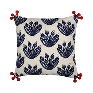 Nanette Navy, Cream, Red Floral Embroidered 18 in. x 18 in. Throw Pillow
