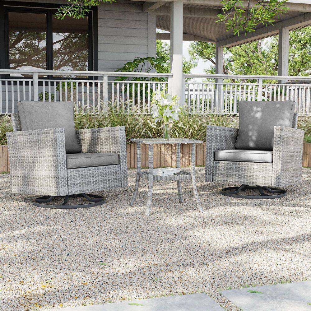 3-Piece Gray Wicker Patio Bistro Set Swivel Rocking Chairs with Side Table, Gray price history on PriceWatchPro