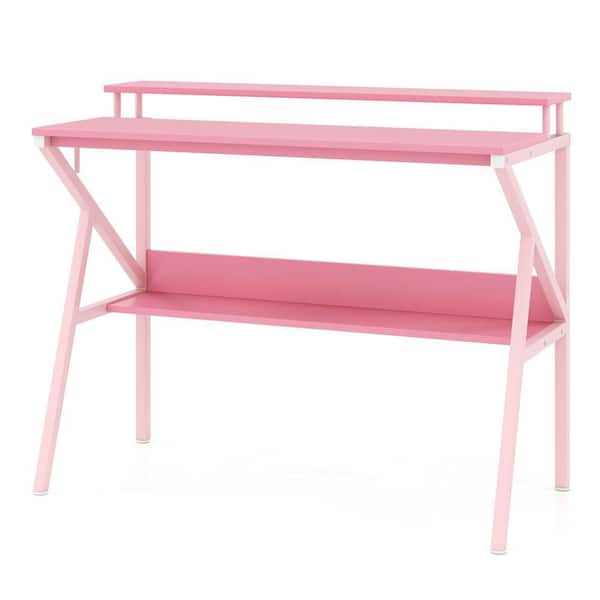 39.5 in. Rectangular Pink Engineered Wood 0-Drawer Computer Desk with Monitor Stand, Open Shelf & Metal Frame