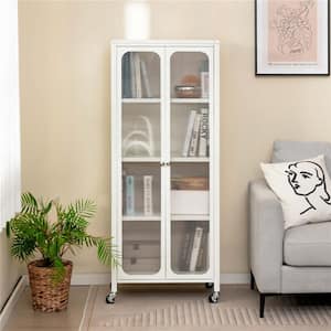 White 58 in. Accent Cabinet with Wheels and 2 Translucent Doors Adjustable Shelves Sideboard