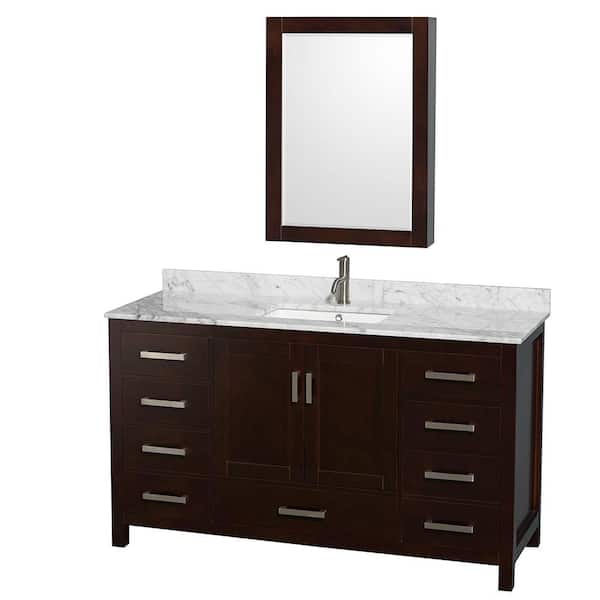 Wyndham Collection Sheffield 60 in. W x 22 in. D x 35 in. H Single Bath Vanity in Espresso with White Carrara Marble Top and MC Mirror