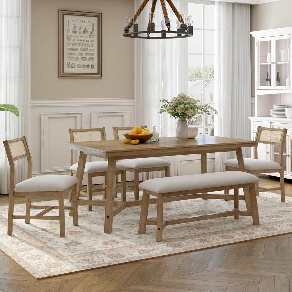 6-Piece Rectangular Natural Wash Wood Top Table Set Seats 6