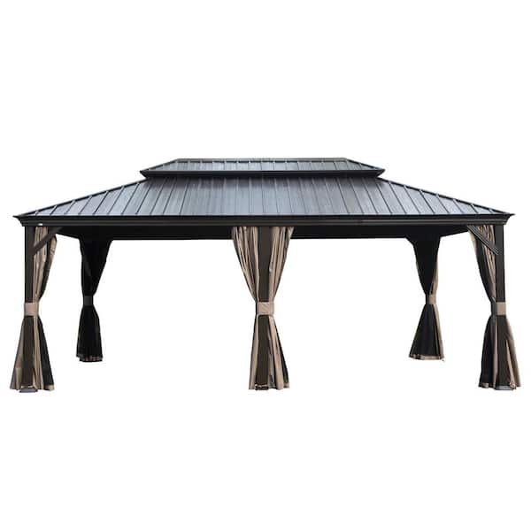 12 ft. x 20 ft. Brown Outdoor Hardtop Gazebo with Dual-Layer Galvanized Steel Roof, Aluminum Frame, Curtains & Netting