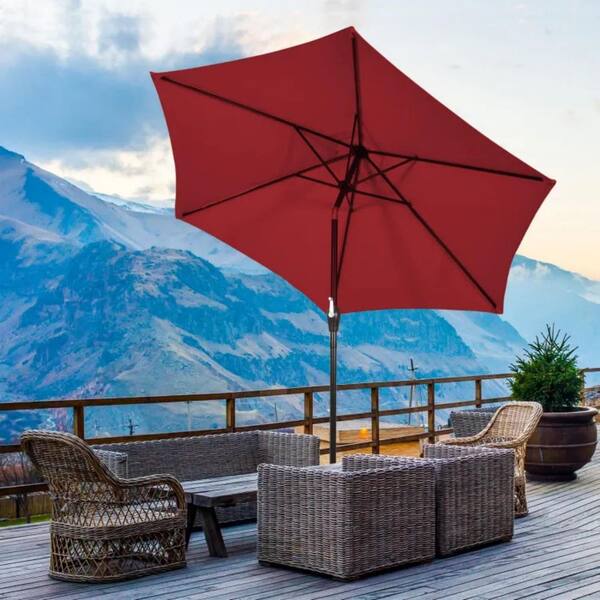 half red patio umbrella Terrace Arc 9 ft Scalloped Fringe Market with Crank, Tilt Button and UV Protection Coral Pink/Brown Pole it also features a push Cubilan 10 ft. Steel Cantilever