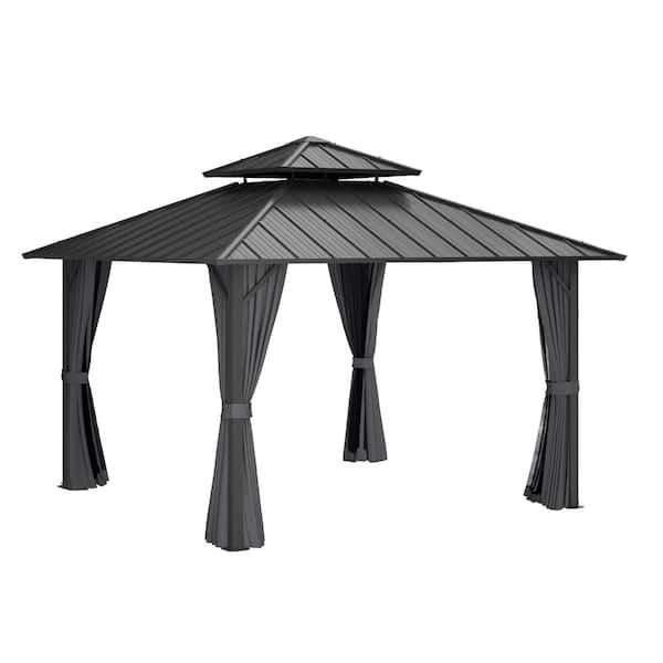 12 ft. x 12 ft. Gray Double-Roof Hardtop Aluminum Patio Gazebo with Integrated Netting and Adjustable Curtains