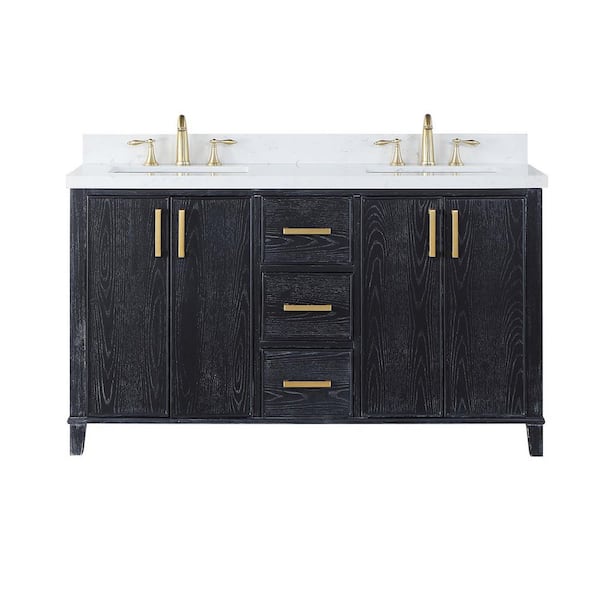 Altair Weiser 60 in. W x 22 in. D Double Sink Bath Vanity in Black Oak with White Composite Stone Top without Mirror