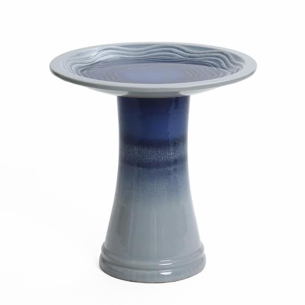 18 in. Blue Waves Ceramic Birdbath