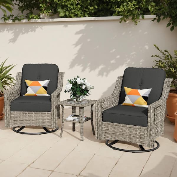 Eureka Grey 3-Piece Wicker Outdoor Patio Conversation Swivel Rocking Chair Seating Set with Black Cushions
