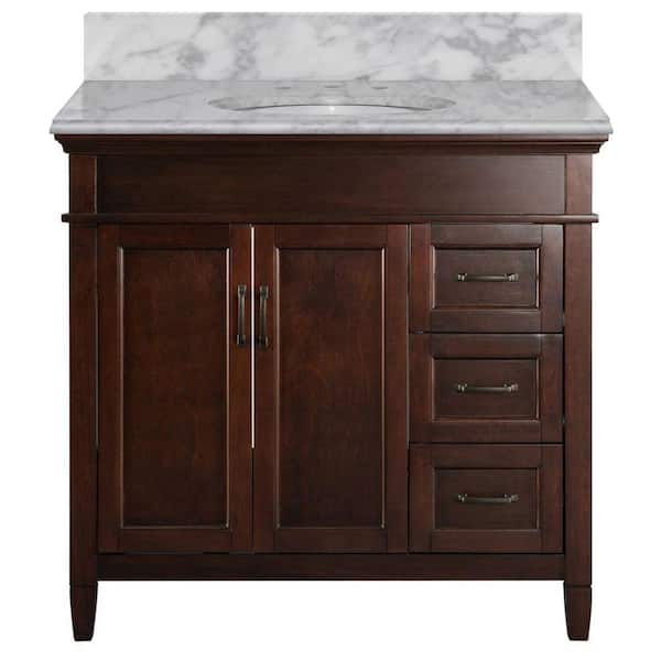 Home Decorators Collection Ashburn 37 in. W x 22 in. D x 35 in. H Single Sink Freestanding Bath Vanity in Mahogany with Carrara Marble Top