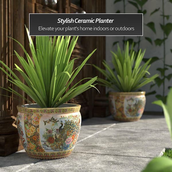 Red Lantern Oriental Furniture 14 in. Satsuma Garden & Peacock