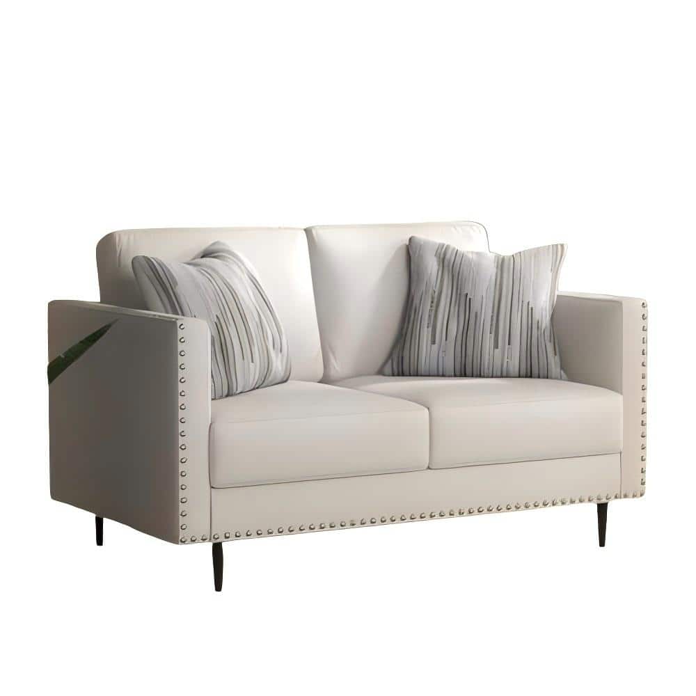 56.3 in. Wide Square Arm Faux Leather Mid-Century Modern 2 Pillows Loveseat Sofa with Nailhead Trim in White