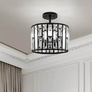 12.4 in. 3-Light Matte Black Semi-Flush Mount Ceiling Light with Crystal Accents, E12 Base, No Bulbs Included