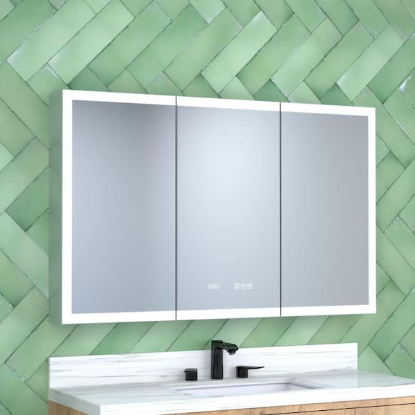 48 in. W x 30 in. H Surface Mount/Rectangular Silver Aluminum Recessed Medicine Cabinet with Mirror LED and Clock