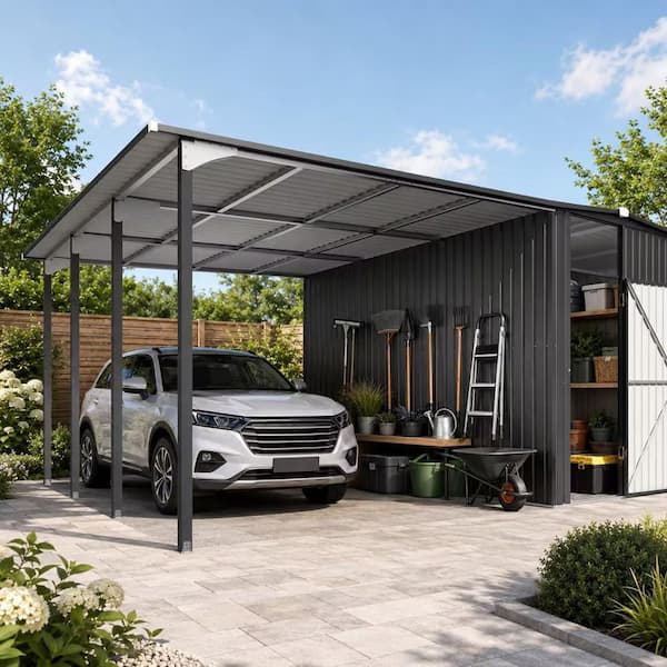 16 ft. W x 12 ft. D Outdoor Metal Shed and Hardtop Gazebo Combo, Hardtop Carport with Storage (192 sq. ft.)