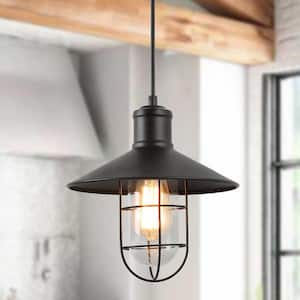 Modern Industrial 1-Light Black Pendant with 10.2 in. W Clear Glass Shade Metal Wire Cage Shade Barn Ceiling Chandelier