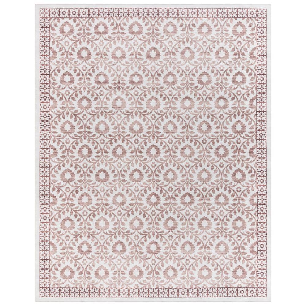 Ivory and Red Floral Synthetic Washable Area Rug