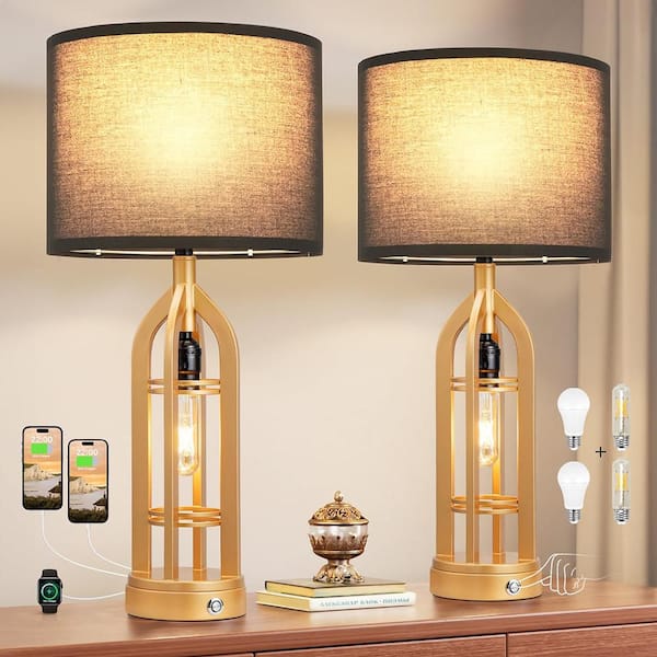 24.7 in. Gold Contemporary Rechargeable LED Farmhouse Table with  Fabric Shade and USB Port