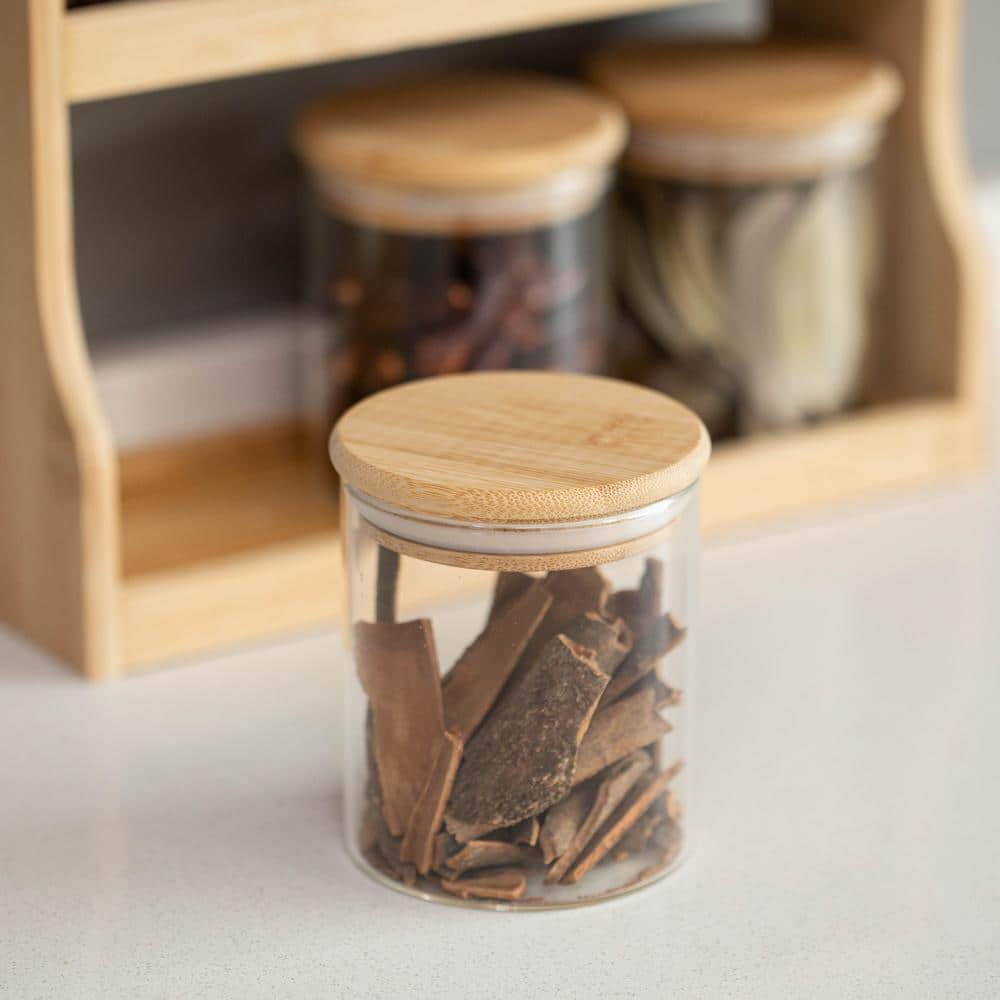 Natural Bamboo 2-Tier Spice Rack with Glass Jars