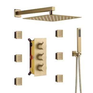 1-Spray Patterns 12 in. Wall Mount Dual Fixed and Handheld Shower Heads with Body Sprays 1.8GPM in Brushed Gold