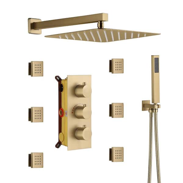 Boyel Living 1-Spray Patterns 12 in. Wall Mount Dual Fixed and Handheld Shower Heads with Body Sprays 1.8GPM in Brushed Gold