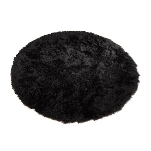 Walk on Me Black 5 ft. x 5 ft. Made in France Luxuriously Soft and Eco Friendly Round Faux Fur Area Rug